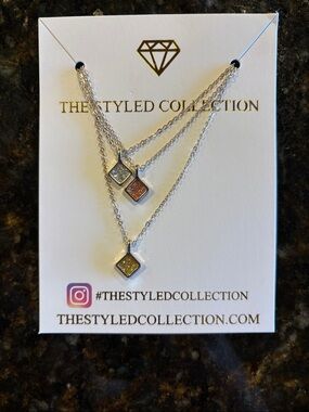 Layered Square Pendant Necklace Set - Silver with Gold, Rose, and Silver Glitter
